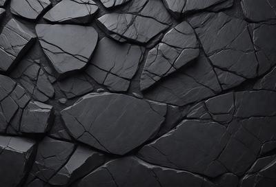 The primary subject of the image is a close-up of a black stone wall. The setting is a dark room, and the visual style is a black and white photo. The dominant colors are black and white, creating a moody atmosphere.
