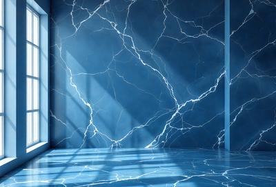 The primary subject of the image is a blue marble wall with a pattern of lightning bolts. The setting is a room with a blue wall, and the visual style appears to be a photo. The dominant colors are blue and white, creating a calm and serene atmosphere.
