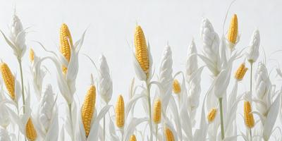 The primary subject of the image is a field of white corn. The setting is a white background, which creates a clean and minimalistic visual style. The colors and mood of the image are predominantly white, giving it a calm and serene atmosphere.