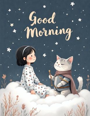 The primary subject of the image is a little girl sitting on a cloud, accompanied by a cat. The setting is a night sky, with the girl and the cat being the main focus of the scene. The visual style is a combination of digital art and illustration, creating a whimsical and imaginative atmosphere. The dominant colors are blue and white, which contribute to the overall mood of the image, which is serene and peaceful.