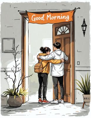The image features a man and a woman standing in front of a door, with the man hugging the woman. They are both wearing yellow jackets, and the woman is carrying a backpack. The scene appears to be set in a house, with a potted plant visible in the background. The overall atmosphere of the image is warm and affectionate, as the couple embraces each other.