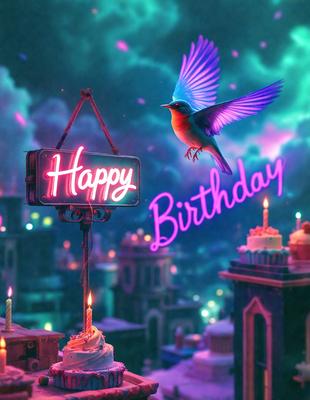 The primary subject of the image is a birthday cake with candles on it. The cake is placed on a table, and there is a bird flying above it. The setting appears to be a cityscape, with buildings visible in the background. The visual style of the image is digital art, and the colors are predominantly purple and pink, creating a festive and celebratory atmosphere.