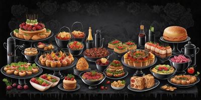 The primary subject of the image is a table filled with a variety of foods, including cakes, sandwiches, and other dishes. The table is set with multiple plates and bowls, showcasing the diverse selection of food items. The visual style of the image is a combination of photo and digital art, creating a realistic yet artistic representation of the food display. The colors and mood of the image are vibrant and inviting, with the food items arranged in an appetizing manner.