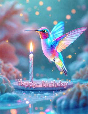 The primary subject of the image is a colorful bird, specifically a hummingbird, hovering over a birthday cake. The bird is positioned above the cake, which has a candle on it. The setting is a pink and blue background, which adds to the festive atmosphere of the scene. The visual style of the image is a digital art or illustration, showcasing the bird and cake in a vibrant and detailed manner. The colors and mood of the image are predominantly p