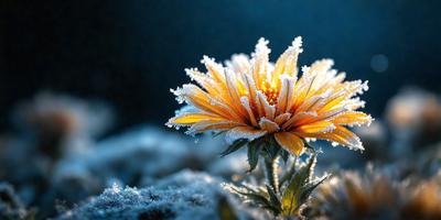 Primary subject: A single flower with a yellow center and orange petals, surrounded by snow and ice crystals.

Setting/background: The flower is located in a snowy environment, with a blue sky visible in the background.

Visual style: The image is a photo of the flower, capturing the beauty of the snow and ice crystals surrounding it.

Colors and mood: The dominant colors in the image are yellow, orange, and blue, creating a warm and inviting atmosphere despite the cold