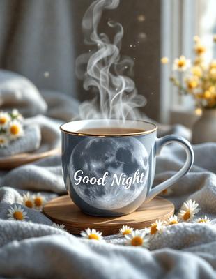 The primary subject of the image is a coffee cup with a moon design on it. The cup is placed on a wooden coaster, and there are flowers in the background. The setting appears to be a cozy and relaxing environment, possibly a bedroom or a coffee shop. The visual style of the image is a combination of photo and digital art, creating a unique and appealing design. The colors and mood of the image are warm and inviting, with the moon design and flowers adding a touch of whimsy and tranqu
