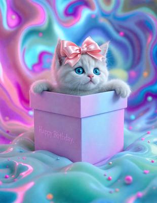 The primary subject of the image is a small kitten sitting inside a pink box. The setting is a colorful background, which adds a vibrant and lively atmosphere to the scene. The visual style appears to be a combination of photo and digital art, creating a unique and eye-catching image. The dominant colors are pink and blue, which are prevalent in the box and the background, respectively.