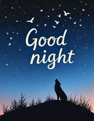 Good Night: A nighttime scene with a wolf howling at the moon. The wolf is standing on a hill, and the sky is filled with stars. The image has a digital art style, and the colors are predominantly dark, creating a moody atmosphere.