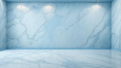 The primary subject of the image is a marble wall with a blue tint. The setting is a room with a blue floor, and the visual style is a photo. The colors and mood of the image are predominantly blue, creating a calm and serene atmosphere.