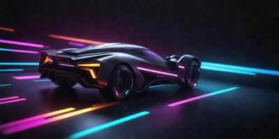 The primary subject of the image is a futuristic, neon-colored sports car. The car is driving down a rainbow-colored road, which adds a vibrant and lively atmosphere to the scene. The setting appears to be a digital art or illustration, as the colors and design of the car and road are not realistic for a real-world environment. The overall mood of the image is energetic and visually appealing.