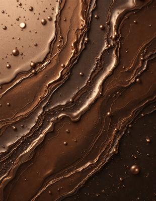 The primary subject of the image is a close-up of a chocolate-colored surface with a pattern of gold specks. The setting appears to be a dark background, which contrasts with the chocolate and gold colors. The visual style of the image is a close-up, which emphasizes the details of the chocolate and gold specks. The colors and mood of the image are rich and luxurious, with the gold specks adding a touch of elegance and sophistication.