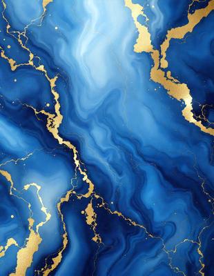 The primary subject of the image is a blue and gold marbled wallpaper with gold accents. The setting is a room with a blue and gold marbled wallpaper, which creates a luxurious and elegant atmosphere. The visual style is a combination of digital art and illustration, as the gold accents are digitally rendered to create a realistic and visually appealing design. The colors and mood of the image are predominantly blue and gold, which evoke a sense of sophistication and luxury.