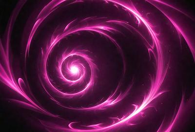 The primary subject of the image is a swirling, pink spiral pattern. The setting is a dark background, which contrasts with the bright pink color of the spiral. The visual style appears to be a combination of a photo and a digital art or illustration, as the spiral pattern is both detailed and intricate. The colors and mood of the image are predominantly pink, creating a warm and vibrant atmosphere.