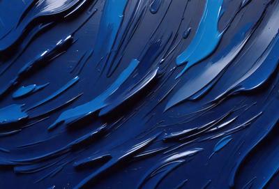 The primary subject of the image is a blue painting with a wave-like pattern. The setting is a dark blue background, and the visual style appears to be a painting or drawing. The colors and mood of the image are predominantly dark and moody, with the blue hue creating a sense of depth and intensity.
