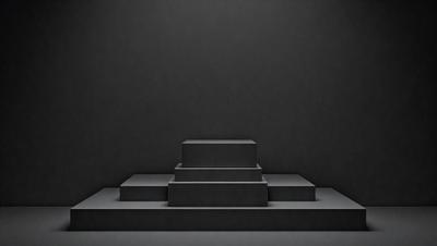 The primary subject of the image is a black and white photo of a set of three steps. The setting is a dark room, and the visual style is a black and white photograph. The dominant colors are black and white, and the overall atmosphere is moody and dramatic.