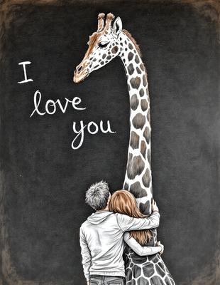 The primary subject of the image is a man and a woman standing close to each other. The woman is hugging the man, and they are both standing in front of a large giraffe. The setting appears to be a black and white drawing, giving the image a classic and timeless feel. The visual style suggests that the image is a hand-drawn illustration, rather than a photo or digital art. The colors and mood of the image are predominantly black and white, creating a sense of nostalgia and