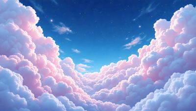 The primary subject of the image is a beautiful, pink and white cloud floating in a blue sky. The cloud is surrounded by a few other clouds, creating a serene and peaceful atmosphere. The setting is a night sky, with the cloudy sky providing a contrasting backdrop to the cloud. The visual style of the image is a digital art or illustration, showcasing the cloud's intricate details and the vibrant colors. The overall mood of the image is calm and tranquil, invoking a