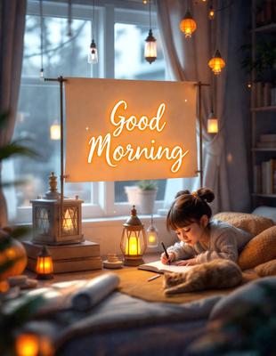 The primary subject of the image is a young girl sitting on a bed, writing in a book. The setting is a cozy bedroom with a window, and the visual style is a combination of photo and digital art. The colors are warm and inviting, creating a comfortable and relaxing atmosphere.