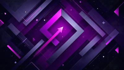 The primary subject of the image is a purple arrow pointing upwards. The arrow is located in the center of the image, surrounded by a purple and pink geometric pattern. The setting appears to be a futuristic or abstract environment, with the arrow and pattern being the main focus of the visual style. The colors and mood of the image are predominantly purple and pink, creating a sense of depth and intrigue.
