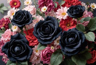 The primary subject of the image is a bouquet of black and red roses. The setting is a flower arrangement, with the roses placed on a table. The visual style is a close-up of the flowers, showcasing their details. The dominant colors are black and red, creating a striking and bold appearance. The overall atmosphere is elegant and sophisticated, with the roses being the focal point of the scene.