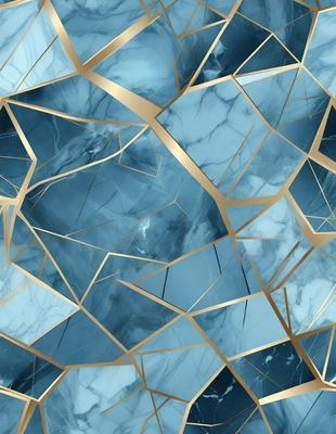 The primary subject of the image is a blue and gold marble pattern. The setting is a blue and gold marble wall, which serves as the background. The visual style is a combination of digital art and illustration, creating a unique and intricate design. The dominant colors are blue and gold, giving the image a luxurious and elegant appearance.
