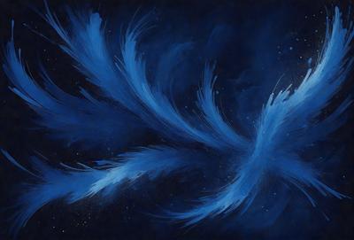 The primary subject of the image is a blue bird with a long tail, flying through a dark blue sky. The bird is the main focus of the image, and it appears to be in motion. The setting is a night sky, which adds to the overall atmosphere of the scene. The visual style of the image is a combination of digital art and illustration, creating a dynamic and captivating scene. The dominant colors in the image are blue and black, which contribute to the mood of the image, evoking a sense of mystery and