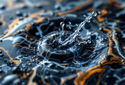The primary subject of the image is a splash of water, which is the main focus of the scene. The water is captured in a close-up shot, creating a visually striking and dynamic composition. The setting is a black and white background, which adds a sense of depth and contrast to the image. The visual style is a combination of photo and digital art, creating a unique and artistic representation of the water splash. The colors and mood of the image are predominantly black and white, with the water splash being
