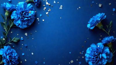 The primary subject of the image is a blue background with a few blue flowers scattered across it. The setting appears to be a studio or a controlled environment, as the flowers are placed on a table. The visual style of the image is a combination of photo and digital art, creating a unique and artistic representation of the flowers. The colors and mood of the image are predominantly blue, giving it a calm and serene atmosphere.