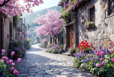 The primary subject of the image is a narrow alleyway lined with beautiful flowers and trees. The setting is a charming, old-world village with a cobblestone street. The visual style is a photo, capturing the vibrant colors and natural beauty of the flowers and the surrounding environment. The colors and mood of the image are lively and serene, with the flowers and trees creating a picturesque and inviting atmosphere.