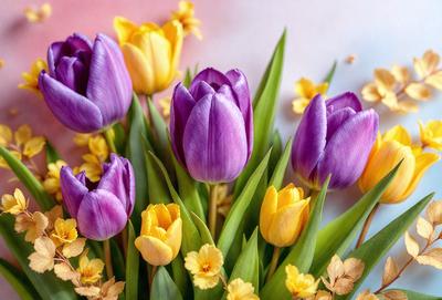 The primary subject of the image is a bouquet of colorful flowers, predominantly purple and yellow, arranged in a vase. The setting is a table, and the visual style is a close-up of the flowers. The colors and mood of the image are vibrant and cheerful, with the purple and yellow flowers creating a lively atmosphere.