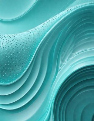 The primary subject of the image is a large, blue, textured surface that resembles a wave or a waterfall. The setting is a blue ocean, and the visual style is a combination of photo and digital art. The dominant colors are blue and white, creating a serene and calming atmosphere.
