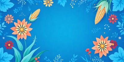The primary subject of the image is a blue background with a variety of colorful flowers and plants. The setting is a blue background with a variety of colorful flowers and plants. The visual style is a digital art or illustration, with a vibrant and lively atmosphere.