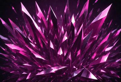 The primary subject of the image is a large, purple crystal formation. The setting is a dark, purple background, which contrasts with the bright, pink crystals. The visual style is a combination of digital art and illustration, creating a unique and eye-catching design. The colors and mood of the image are predominantly purple and pink, giving it a vibrant and lively atmosphere.