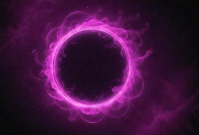 The primary subject of the image is a large, pink, circular object with a dark center. The setting is a purple background, which adds to the overall mood of the image. The visual style appears to be a combination of digital art and illustration, creating a unique and eye-catching design. The colors and mood of the image are predominantly pink and dark, giving it a somewhat mysterious and intriguing appearance.
