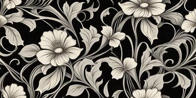 The primary subject of the image is a floral pattern, featuring white flowers and green leaves. The setting is a black background, which contrasts with the white and green colors of the flowers and leaves. The visual style is a combination of digital art and illustration, creating a detailed and intricate design. The overall atmosphere is elegant and sophisticated, with the white flowers and green leaves adding a touch of natural beauty to the pattern.