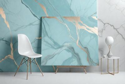 The primary subject of the image is a large painting of a marble wall. The painting is displayed on a wooden frame, which is placed on a white table. The setting is a room with a chair positioned in front of the painting. The visual style of the image is a painting, and the colors and mood are predominantly blue and white, giving the painting a clean and elegant appearance.