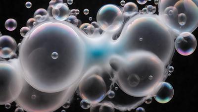 The primary subject of the image is a close-up of a bubble, which is the main object, scene, or focus of the image. The setting is a black background, which provides a contrasting backdrop for the bubble. The visual style is a close-up of a bubble, which gives the image a more artistic and detailed appearance. The colors and mood of the image are predominantly white and blue, creating a sense of calmness and tranquility.