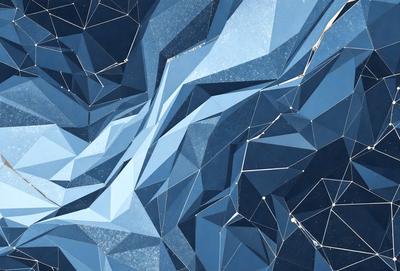 The primary subject of the image is a blue and white geometric pattern, which appears to be a digital art or illustration. The setting is a blue background, and the visual style is a combination of digital art and illustration. The dominant colors are blue and white, creating a calm and soothing atmosphere.