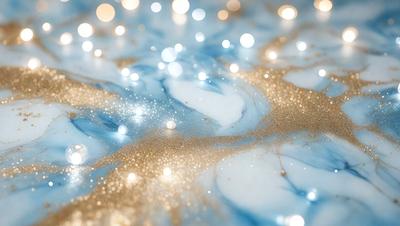 The primary subject of the image is a blue marble surface with gold glitter sprinkled on it. The setting is a room with a blue marble table, and the visual style is a close-up of the marble surface. The colors and mood of the image are predominantly blue and gold, creating a luxurious and elegant atmosphere.