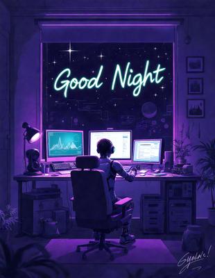 The primary subject of the image is a person sitting at a desk in front of a computer. The person is wearing headphones and appears to be working or engaging in some activity on the computer. The setting is a room with a desk, a chair, and a potted plant. The visual style is a digital art or illustration, with a purple color scheme that gives the image a calm and relaxed atmosphere.