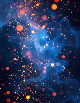 The primary subject of the image is a blue and orange nebula, which is a cloud of gas and dust in space. The setting is a dark, starry sky, and the visual style is a combination of a photo and digital art. The dominant colors are blue and orange, creating a vibrant and dynamic atmosphere.