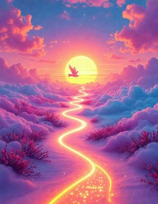 The primary subject of the image is a bird flying through a pink sky. The bird is positioned in the middle of the scene, with its wings spread wide. The sky is filled with clouds, creating a vibrant and colorful backdrop. The visual style of the image is a combination of digital art and illustration, giving it a unique and artistic appearance. The dominant colors in the image are pink and white, creating a warm and inviting atmosphere.
