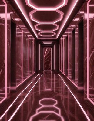 The primary subject of the image is a hallway with a pink lighting effect. The setting is a marble-lined hallway, and the visual style appears to be a combination of a photo and digital art. The colors and mood of the image are predominantly pink, creating a warm and inviting atmosphere.