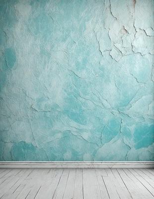 The primary subject of the image is a blue wall with a marble texture. The setting is a room with a white floor, and the visual style is a photo. The dominant colors are blue and white, creating a calm and serene atmosphere.