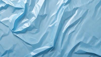 The primary subject of the image is a blue sheet of plastic, which is the main object and focus of the image. The setting is a blue background, which complements the blue plastic. The visual style is a close-up of the plastic, showcasing its texture and details. The colors and mood of the image are predominantly blue, creating a calm and serene atmosphere.