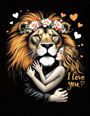 The primary subject of the image is a lion, which is depicted with a woman in a loving embrace. The lion is wearing a floral crown, and the woman is wearing a white dress. The setting is a black background, which contrasts with the vibrant colors of the lion and the woman. The visual style is a combination of digital art and illustration, creating a unique and eye-catching image. The dominant colors are orange, white, and yellow, which evoke a sense of