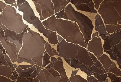 The primary subject of the image is a close-up of a marble wall with a gold-colored pattern. The setting is a room with a brown marble wall, and the visual style is a close-up of the wall. The colors and mood of the image are warm and luxurious, with the gold pattern adding a touch of sophistication.