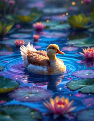 The primary subject of the image is a duck swimming in a body of water, surrounded by a variety of flowers. The setting is a serene, natural environment with a blue water surface. The visual style is a combination of photo and digital art, creating a realistic yet artistic representation of the scene. The colors and mood are predominantly blue and green, with the flowers adding a touch of vibrancy and life to the image.