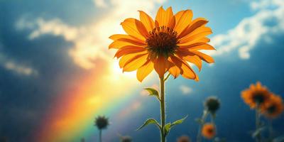 The primary subject of the image is a large, bright yellow flower with a long stem, standing tall in a field. The setting is a sunny day with a blue sky in the background. The visual style is a photo, capturing the beauty of the flower in its natural environment. The dominant colors are yellow and blue, creating a warm and inviting atmosphere.