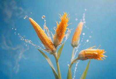 The primary subject of the image is a close-up of a corn plant with its leaves and kernels. The setting is a blue background, which adds a vibrant and calming atmosphere to the scene. The visual style is a photo, capturing the details and textures of the corn plant. The colors are predominantly green and yellow, representing the natural hues of the corn plant.